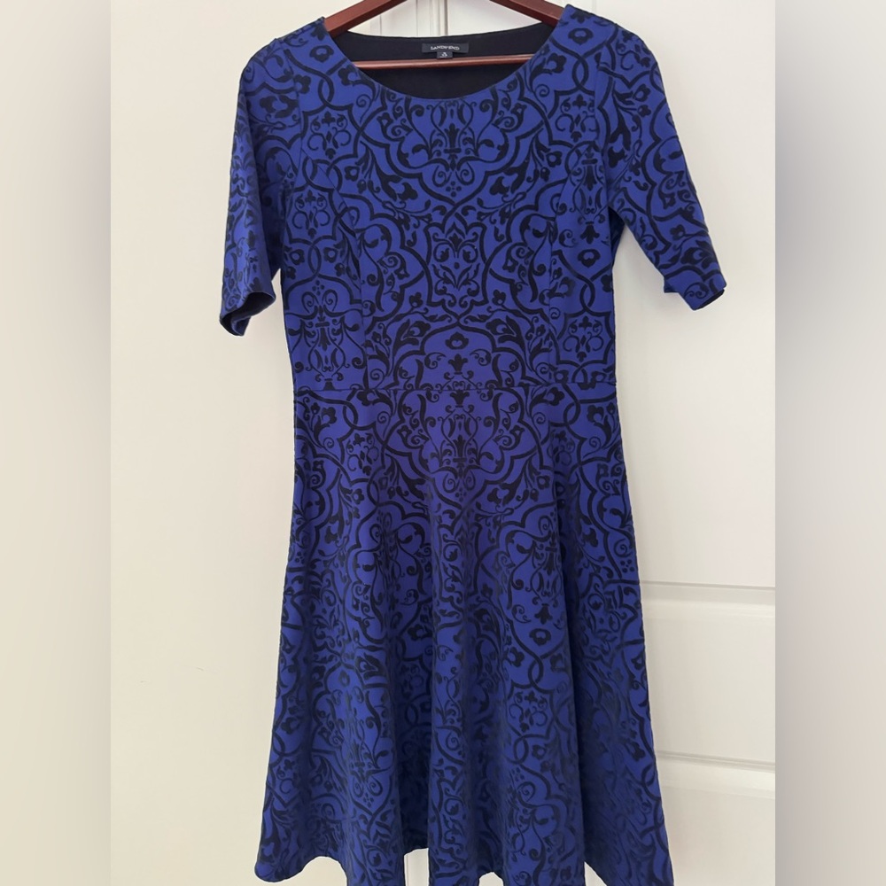 Lands' End Blue and Black Patterned Midi Dress